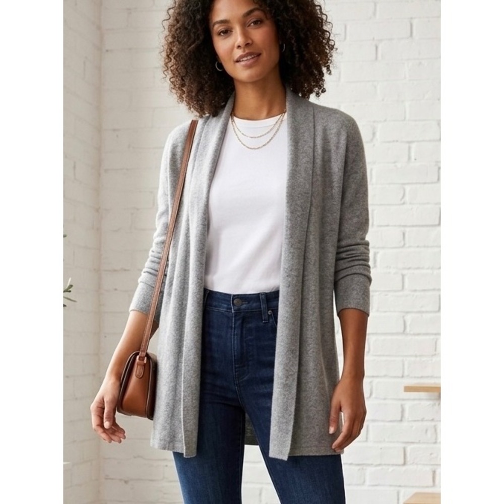 Charter Club Luxury 100% Cashmere Open Front Shawl Collar Cardigan Gray Small